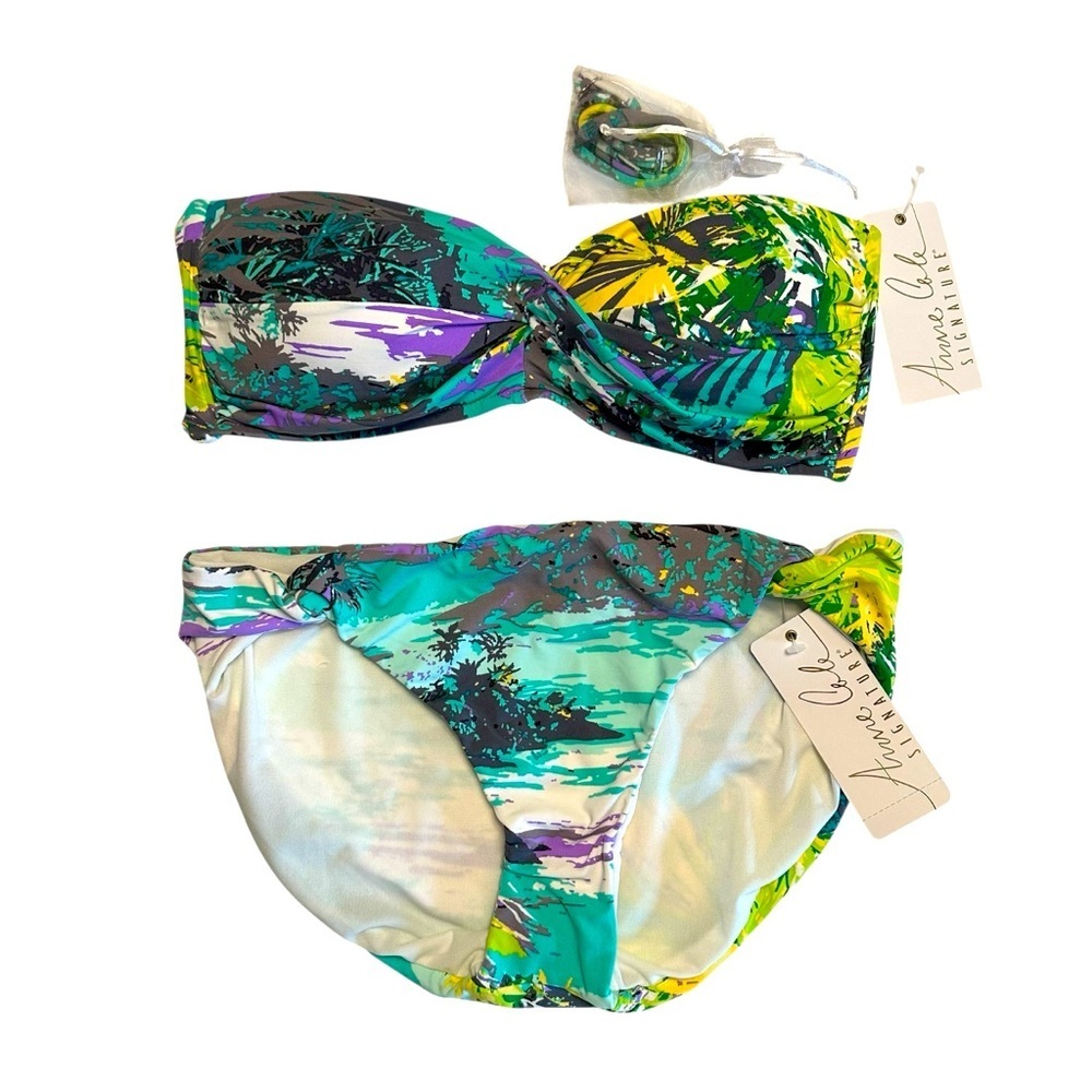 NWT Anne Cole | Green & Purple Tropical Print Swim 2 Piece Suit Set Size M/L